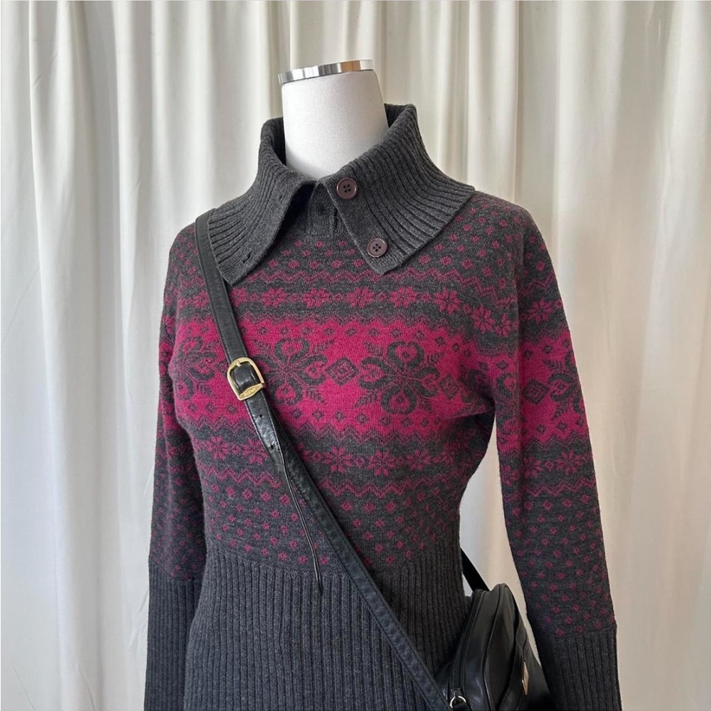 Fair Isle Krimson Klover wool ski sweater folded collar with buttons medium. - Picture 4 of 8